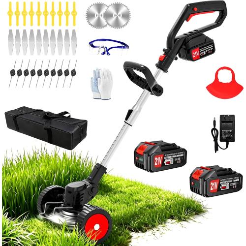 Electric Weed Wacker Cordless Eater 21V Battery Powered Lightweight Portable String Trimmers 3-in-1 Lawn Edger/Grass Trimmer/Brush Cutter with 4 Types Blades & Wheels for Yard and Garden