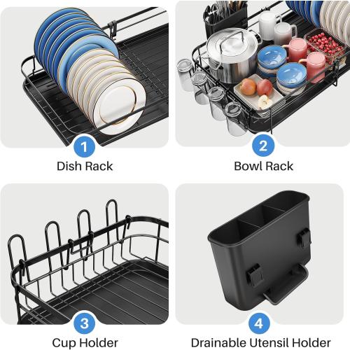 SNTD Large Dish Drying Rack - Expandable Dish Rack for Kitchen Counter, Stainless Steel Dish Drainer Rack with Utensil Holder and Cup Holder, Black