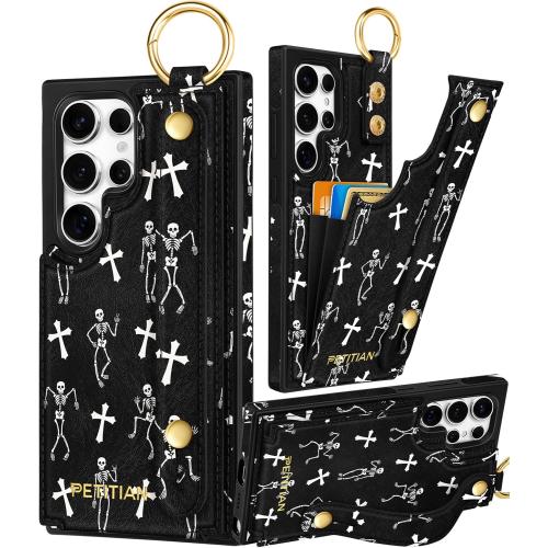 Petitian for Samsung Galaxy S25 Ultra Case with Wallet - Women Girls Cute Girly Aesthetic Unique Design Leather Credit Card Holder Cardholder Stand Wristband for S25 Ultra, Skull