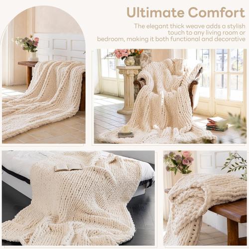 Chunky Knit Blanket - Luxury Soft Cozy 50 * 60 Throw Blanket,100% Woven Blanket Rope Knot Throw Blanket for Couch, Sofa, Home Decor, Gift - Machine Washable (Cream, 50 * 60)