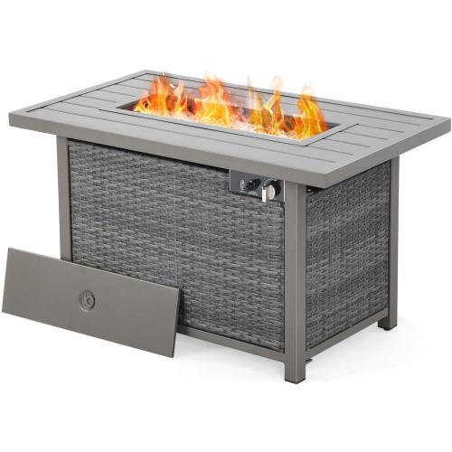 Fire Pit Table, HAPPATIO 42inch 50000 BTU Propane Fire Pit with Mental Fence Table Top, Lid, Black Glass Rock, CSA Safety Certified for Patio Balcony Backyard (Gray)