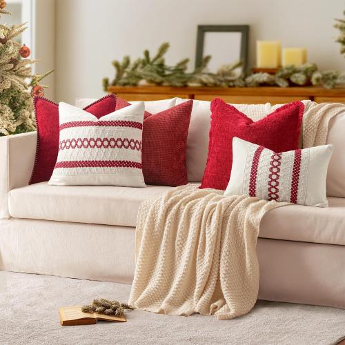 MIULEE Pack of 2 Christmas Pillow Covers 20x20 Inch Red Farmhouse Decorative Throw Pillow Covers with Stitched Edge Soft Chenille Solid Dyed Couch Pillow Covers for Sofa Bed Living Room