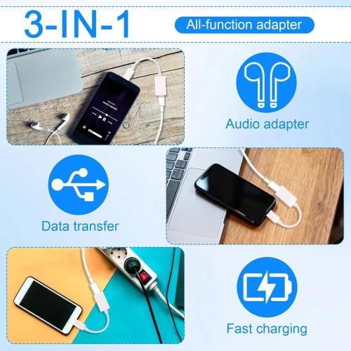 USB C to Audio Adapter, USB C Male to Female Headphone Adapter for Earbuds Charging Data Transfer Music Playback Calls for iPhone 16/15 iPad