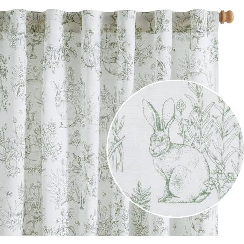 jinchan Linen Nursery Curtains 96 inch Long Woodland Wildlife Sage Green Print Drapes for Kid's Room Light Filtering French Country Farmhouse Curtains with Bunny and Forest Design Set of 2 Panels