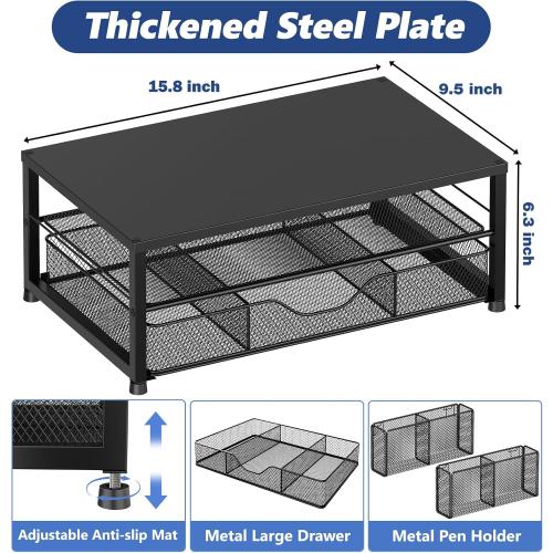 OPNICE Desk Organizer and Accessories, 2-Tier Computer Monitor Stand Riser with Drawer and 2 Pen Holders, Laptop Stand, Office Desk Accessories for Office Supplies, Black