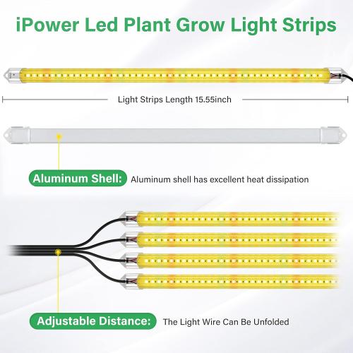 iPower 60W LED Grow Lights with Full Spectrum Plant Growing Light Strips for Indoor Plant with Auto ON/Off 3/9/12H Timer, 10 Dimmable Levels 48 LEDs Per Tude, 4 Tubes, Yellow