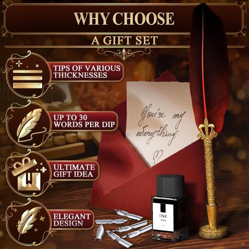 Red Feather Quill Pen and Ink Set - 11.4 Antique Feather Pen and Ink Set with Stainless Steel Nib for Calligraphy Practice, Drawing & Signatures - Designed for Beginners and Calligraphy Enthusiasts