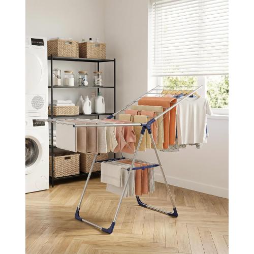 Sakugi Clothes Drying Rack with Height-Adjustable Wings, Metal Foldable Laundry Dryer Stand for Clothing & Bedding, Free-Standing Collapsible for Indoor & Outdoor Use, 55.5 L × 22.8 W, Silver Blue