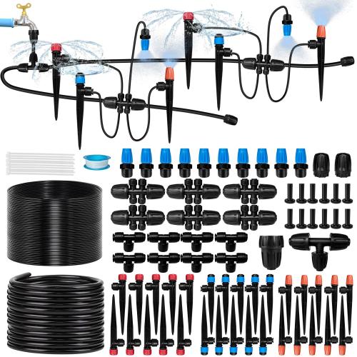 230FT Drip Irrigation System for Garden with 40 Nozzles & Emitters, Garden Watering System with 1/2 & 1/4 Tube and Barbed Fittings - Adjustable Sprinklers Kit for Greenhouse, Lawn, Raised Bed
