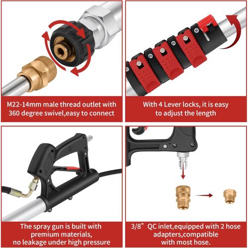 24 FT Gutter Cleaning Tools from The Ground - Telescoping Pressure Washer Wand - Gutter Cleaner Attachment with Power Washer Extension Wands, Brush, 7 Spray Nozzle Tips, 3 Hose Adapters, Support Belt