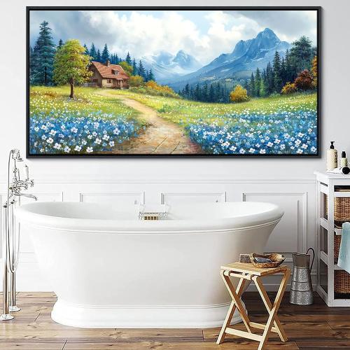 CHATYOUNG Large Mountains Wall Art, Rustic Blue Forest Wild Flowers Wall Picture Path Cottage Landscape Framed Wall Paintings for Living Room Bedroom kitchen Home Decor Gifts for Women 29X58