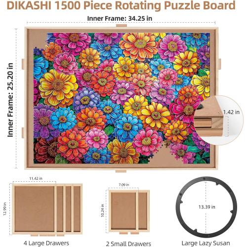 1500 Pieces Rotating Puzzle Board with 6 Drawers, Lazy Susan & Transparent Cover, 34.2x25.2 Portable Wooden Jigsaw Puzzle Board, Great Gift for Puzzle Enthusiasts