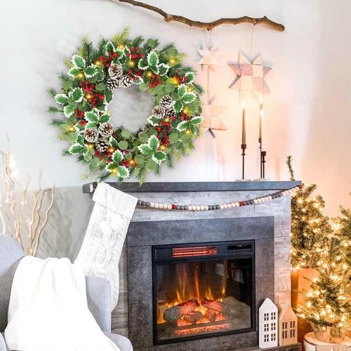 22 Inch Pre-lit Christmas Wreath for Front Door, Artificial Outdoor Christmas Wreath with 50 LED Lights, Real Pine Cones Red Berries Winter Xmas Wreaths for Indoor Porch Party Decorations