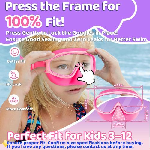 Vvinca Kids Goggles with Nose Cover Comfort Fabric Strap,Wide View Diving Mask Anti-Fog UV Swimming Goggles for Kids 3-12
