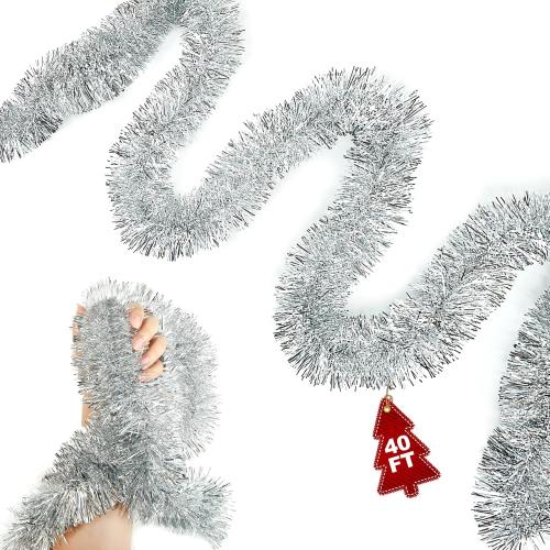 40Ft Christmas Garland - Metallic Twist Tinsel Decorations for Indoor & Outdoor Home Decor, Ceiling Hanging for Christmas & New Year (Silvery)