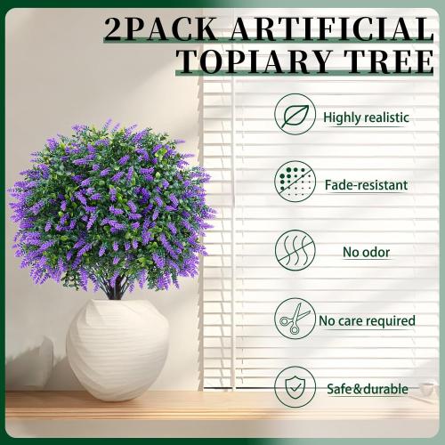Artificial Lavender Topiary Ball Trees, 2 Set of UV Resistant Fake Evergreen Shrubs Bushes Plants with Ground Spike, Fake Plants for Outdoor Indoor Front Porch Garden