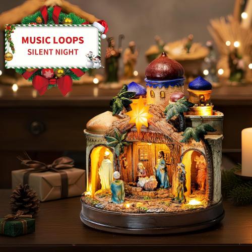 MXwcy Large Christmas Village Collectibles Statues Lighted Nativity Scene Architectural Decorations, Hand-Painted Bethlehem Creche with Holy Family & Magi, Religious Holiday Collectible Statue
