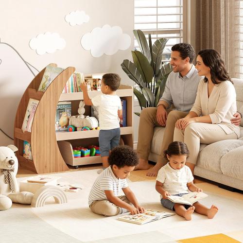 Kids Bookshelf with Toy Storage and Movable Drawer, Wooden Montessori Bookcase Organizer for Toddlers and Children