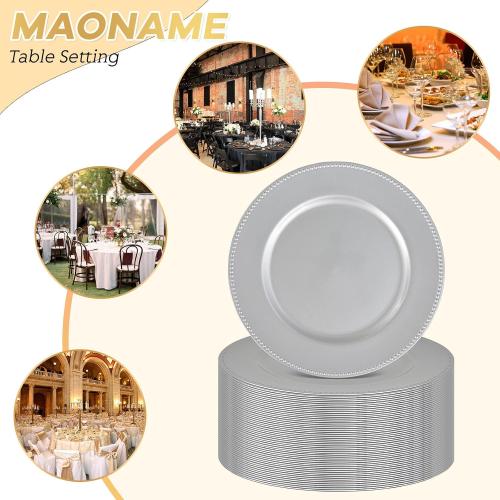 50 Pcs Silver Charger Plates Round Charger Plates13 Inch Bulk Wedding Dinner Elegant Reusable Plastic Chargers Plates Wedding Holiday Party Baby Shower Event Decoration (Silver)