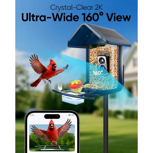 Bird Feeder with Camera Solar Powered - Smart Bird Feeder Camera 2K HD Live Stream, 5MP Photos, AI Identification for Backyard, 2.4Lb Large Capacity, Gifts for Mom Dad, Blue