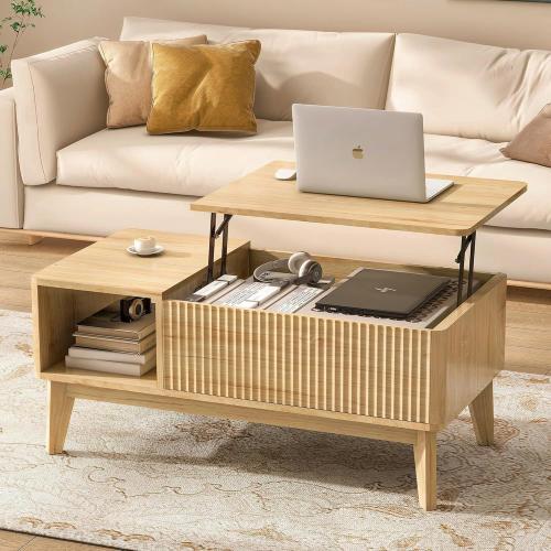 LYNCOHOME Fluted Lift Top Coffee Table with Storage, Modern Coffee Table for Living Room, Home Office(Natural)