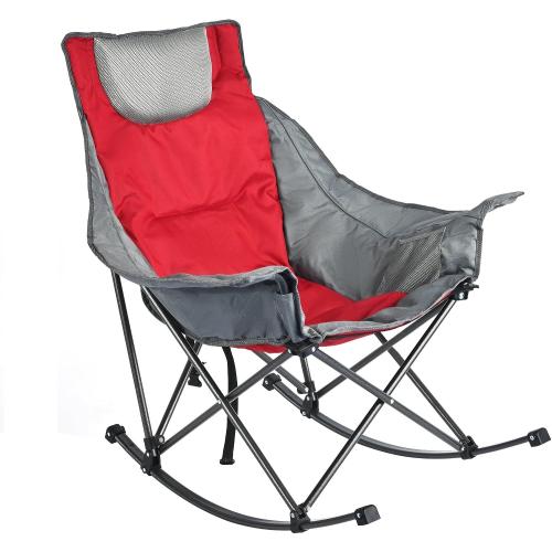 SUNNYFEEL Oversized Folding Rocking Camping Chair for Adults, 500lbs Red | Heavy Duty Outdoor Rocker Camping Chairs, High Back Padded Lawn Recliner with Side Pocket & Carry Bag