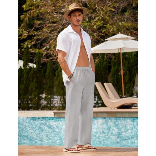 COOFANDY Men's Linen Pant Elastic Waist Linen Pants Drawstring Summer Beach Pant 3XL