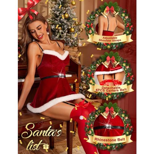 Size L RSLOVE Sexy Christmas Lingerie For Women Santa Babydoll Chemise Red Costume with 4PCS Garters Belt