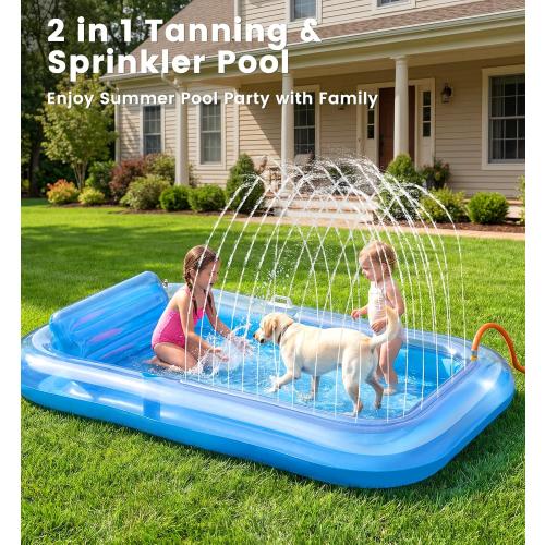 Inflatable Tanning Pool Lounger Float with Sprinkler, 77 x 48 XL Tanning Pool for Adults with Pillow & Cup Holder, 6 in 1 Suntan Tub Sunbathing Bed Pool Floats Adult for Backyard, Beach & Lake