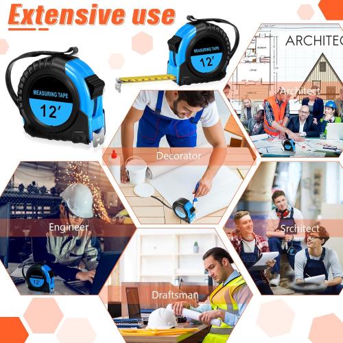 50 Pieces Tape Measure Retractable and Easy Read with Fractions Marked Easy Read Basics Self Locking Measuring Tape Bulk for Engineer Contractors(12 Ft,Blue)