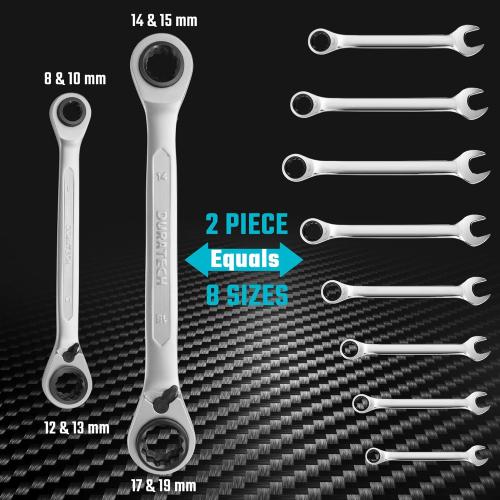 DURATECH 4-in-1 Reversible Ratcheting Box Wrench Set, Double Box End, Metric, 2-Piece, 8, 10, 12, 13 & 14, 15, 17, 19 mm, CR-V Steel, Matte Chrome Plated, with Rolling Pouch