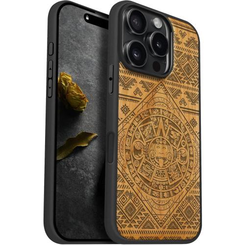 Carveit Magnetic Wooden Case for iPhone 16 Pro Case, Wood Artisan Engraved & Black Soft TPU Shockproof Cover, Compatible with MagSafe Wireless Chargers (Aztec Calendar) Cherry