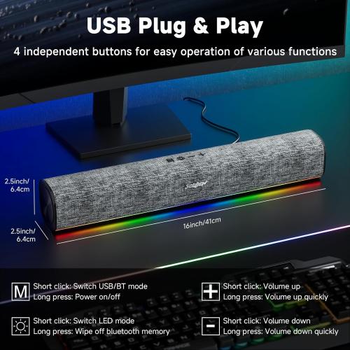 SOULION R100 Bluetooth Computer Speakers with Dynamic LED Light, USB Plug & Play PC Speakers with Switch Button, Clearly Sound Soundbar for Desktop Laptop Monitor(USB-C to USB Adapter Included)