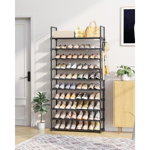 Kitsure 10 Tier Shoe Rack, Tall Shoe Organizer, 32.2 Wide, Black | Large-Capacity Shoe Storage with Hooks, Shoe Shelf for Closet, Entryway, Bedroom, Living Room, Zapateras Organizer