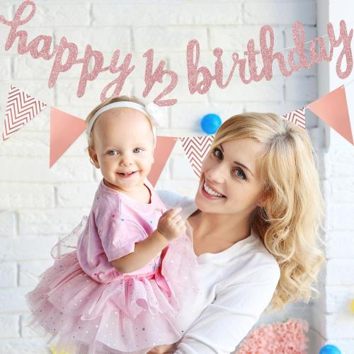 Boao Pre- Strung Half Birthday Decorations Set 6 Months Happy 1/2 Birthday Banner, Glitter 1/2 Half Year Cake Topper, Triangle Flag Banner for Baby Shower Party Photoshoot Props(Rose Gold)