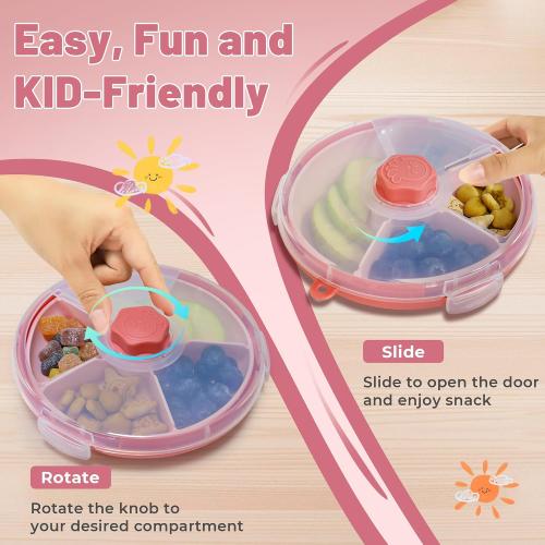 KingKam Kids Snack Spinner Containers, Reusable Toddler Spin Snack Container Box with 4 Compartments & Lid, Travel On-The-Go Snacking, BPA Free | Dishwasher Safe | Strap and Sticker (GREEN AND BLUE ?