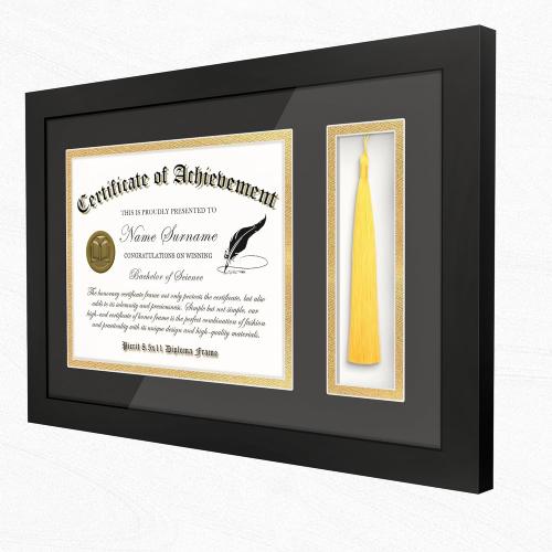Picrit 11x17 Wood Diploma Frame with Tassel Holder for 8.5x11 Certificate/Degree Document with Tempered Glass, Black over Gold Mat