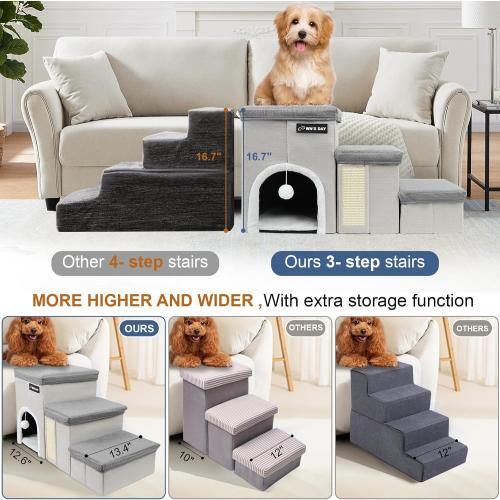 Dog Stairs for Bed Couch Folding with Storage, Dog Stairs for Small Dogs to Get On Bed with Cat Condo, Steps for Large Medium Dogs, Old Cat Pet Stair Steps for High Beds 17.2 H, Pet Ramp Up to 220LBS