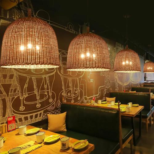 3-Light Dark Curry Rattan Pendant Light,17.7 Rustic Hanging Light,Brown Wicker Pendant Light Hand-Woven Rattan Chandelier for Workplace Restaurants Dining Living Kitchen Farmhouse