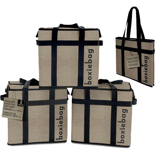 Natural - Oxford 3 Pack. Collapsible Insulated Reusable Bag Box.