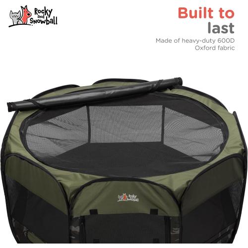 BLACK Rocky   Snowball Pop Up Playpen for Dogs - Puppy Dog Cats Rabbits Play Pen for Indoors or Outdoors - Portable Playpen with Carrying Case & Collapsible Bowl - Camo Print - XL