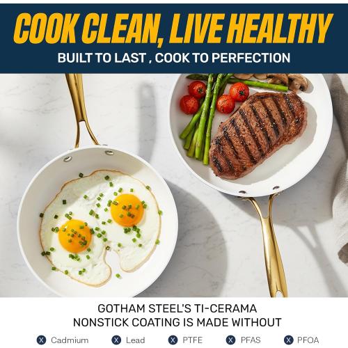 Gotham Steel 12 Pc Pots and Pans Set Non Stick Ceramic Cookware Set | Non Toxic PFOA/PFOS/PTFE Free, Stay Cool Stainless Steel Handles, Dishwasher and Oven Safe, Navy Gold