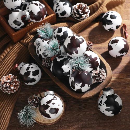 Syhood 24 Pcs Cowhide Printed Christmas Ball Ornaments 2.4 Inch Plastic Western Cow Ornaments Country Western Party Decorations Rustic Holiday Xmas Baubles for Tree Home Gift