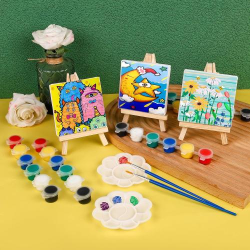 ESRICH 6 Set Mini Acrylic Paint Kit,Minis Stretched Canvas with Easel,Acrylic Paint Strips,Paint Palettes,Painting Brushes, Mini Canvas and Easel Set for Kids Artists Beginner,Gift
