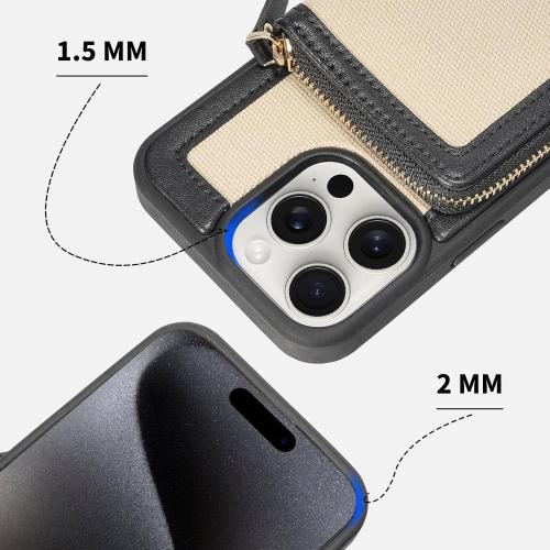 Size iPhone 15 Pro Color Black and Beige ZVE Crossbody Wallet Case for iPhone 15 Pro Detachable Wrist Strap Zipper Leather Protected Case Card Holder, Compatible with iPhone 15 Pro 6.1-inch Purse Cover (Black with Beige)