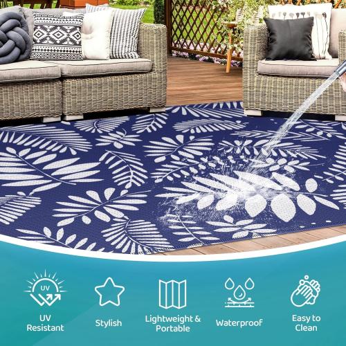 StepRite Outdoor Rug, Patio Rug, Plastic Straw Camping Rugs, Large Waterproof Area Rug and Mat for Outdoors, RV, Patio, Backyard, Deck, Porch, Beach, Balcony, (6'x 9', White & Blue)
