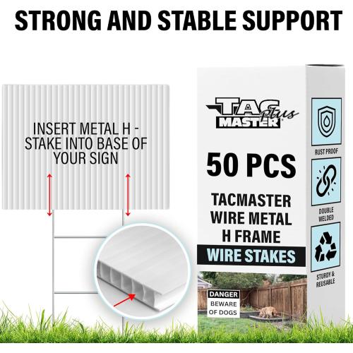 Tacmaster Wire Metal Yard and Sign H Stakes – Durable Blank Lawn Sign Posts for 4mm Corrugated Panels, Real Estate Signs, Waterproof and Wind Resistant, Ideal for Outdoor Use, 30x10 – 50 Pack