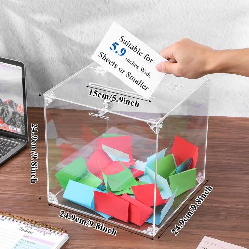 Acrylic Donation Raffle Box with Slot & Lock, Large Clear Ballot Offering Suggestion Ticket Holder for Fundraising Drawing Storage Container Tip Jar Voting Charity (9.8 x 9.8 x 9.8 Inch, Clear)