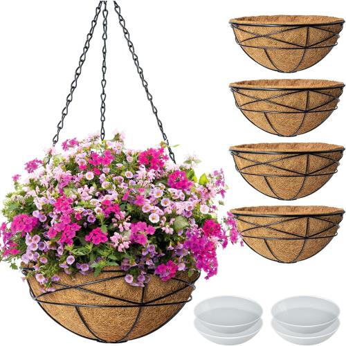 4 Pack 12 Inch Hanging Planters for Outdoor Plants Metal Watering Flower Baskets with Coco Liner for Hanging Pot Round Plant Holders Planter for Outside Garden Decoration