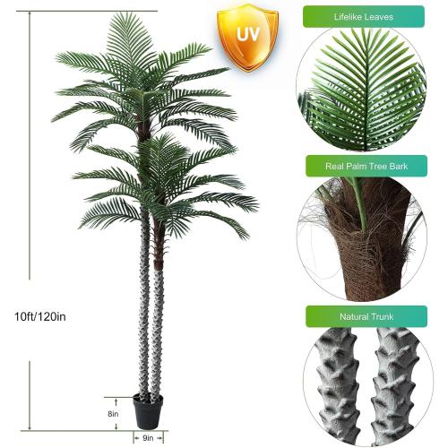 10ft Tall UV Resistant Faux Palm Tree, 120in Artificial Palm Tree Indoor Outdoor with Real Bark and Realistic Leaves and for Home House Office Living Room Yard Patio.